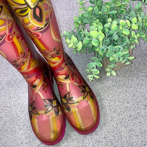 EMILIO PUCCI sz 37 gorgeous knee-hi pink paisley classic print rainboot Preowned - Picture 5 of 7